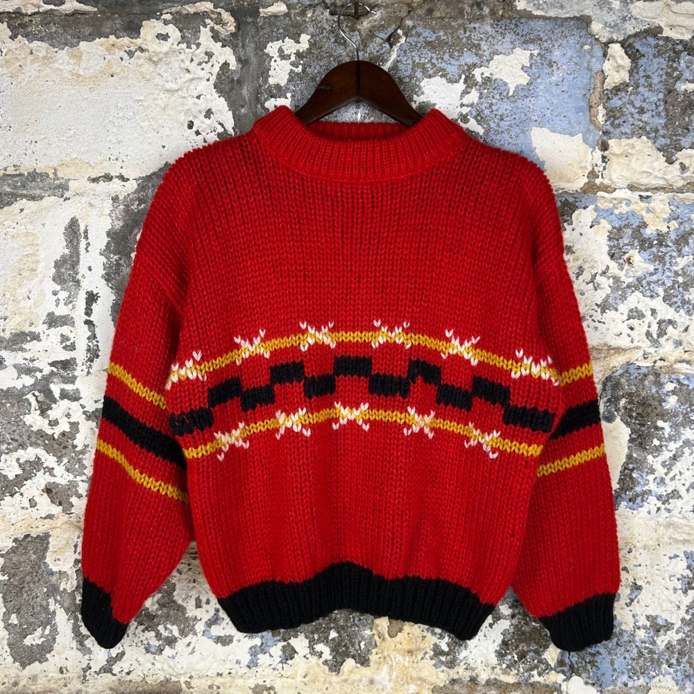 Vintage Midnight Blues Sweater RedHand Knit Fair Isle Chunky Mock Neck Medium